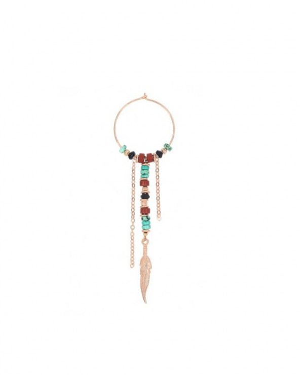 Turquoise and red hoop earring with feather