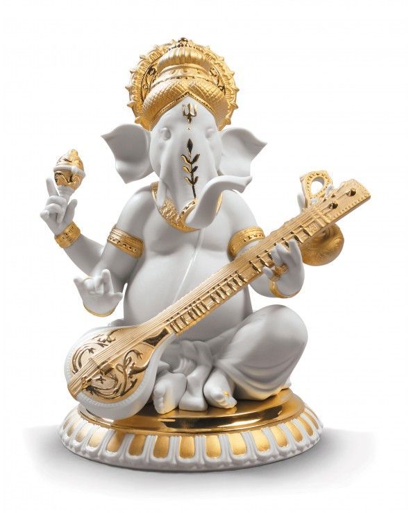 Figurina Ganesha con veena. Lustro oro