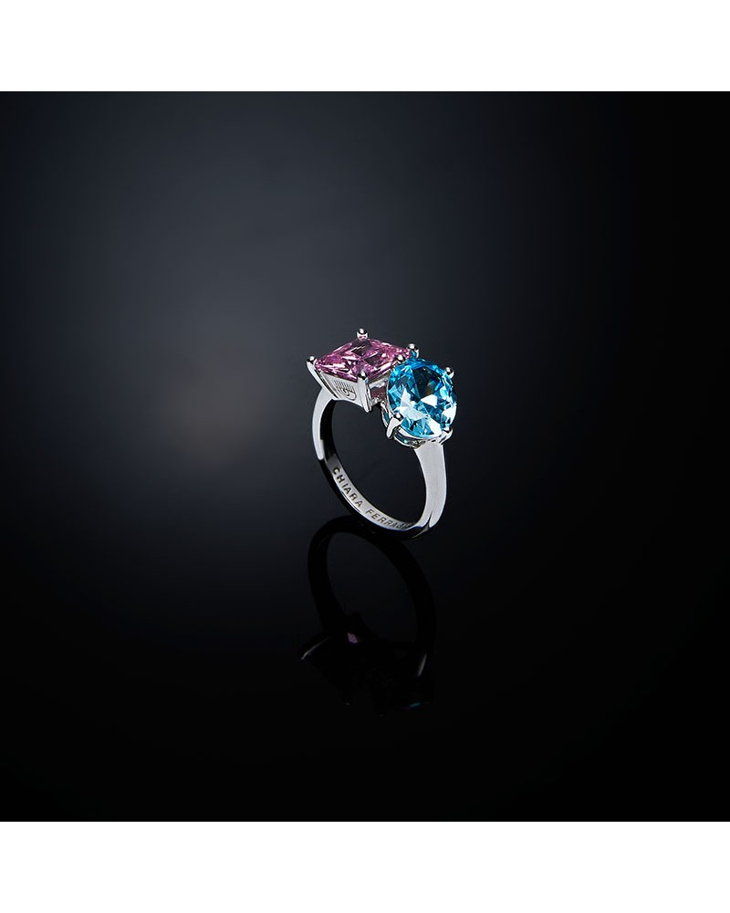 Multi Shape Blue/Pink Crystals Princess Rainbow Ring