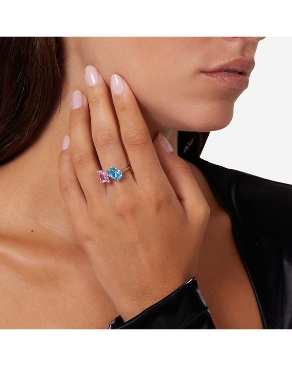 Multi Shape Blue/Pink Crystals Princess Rainbow Ring