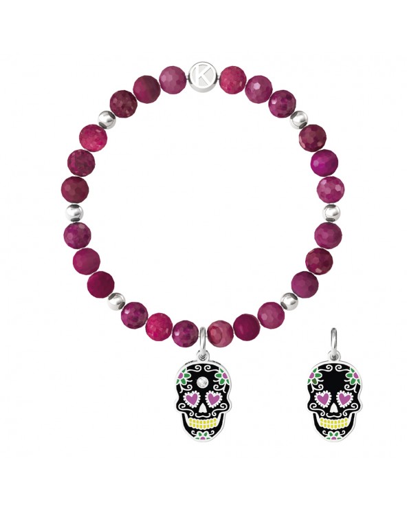 Kidult Bracelet with fuchsia agate Mexican skull