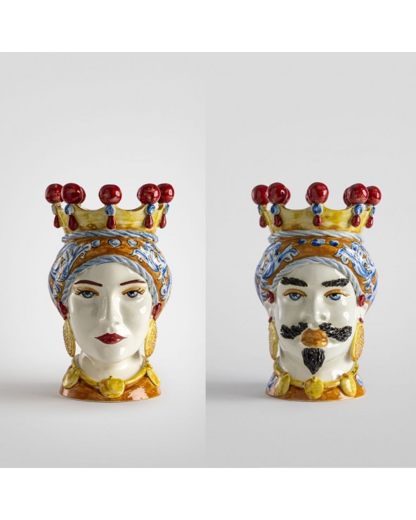 Bevilacqua Pair of Heads in Ceramic Acanthus Decoration Orange