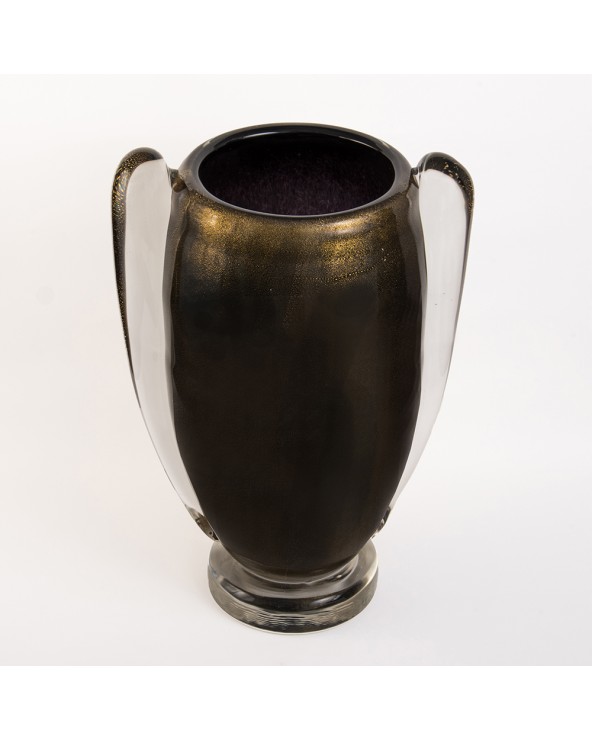Vaso in vetro di Murano a forma di coppa oro con manici trasparenti stile anni '50