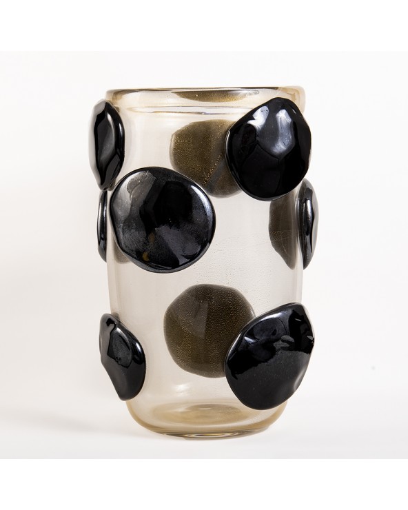 Vaso in vetro di Murano trasparente con cerchi neri stile anni '50