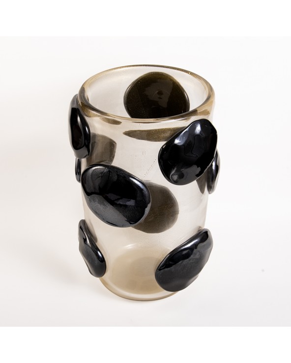 Vaso in vetro di Murano trasparente con cerchi neri stile anni '50