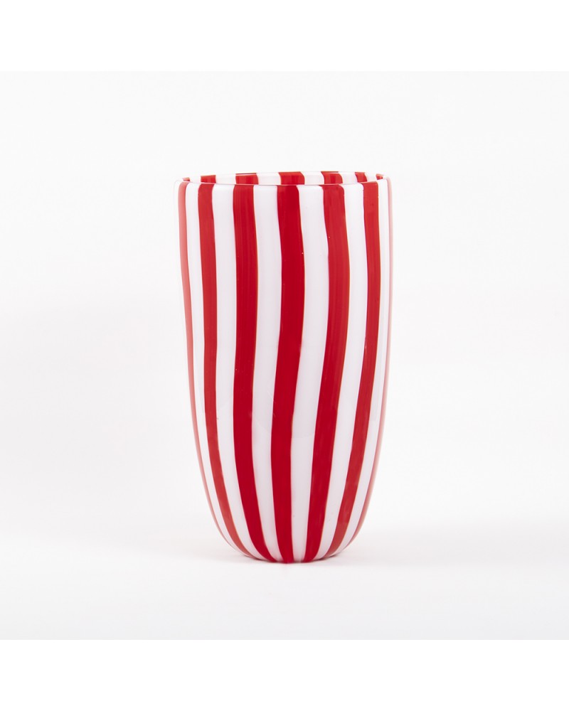 Murano Glass Opaque striped vase in White and Red Murano Glass