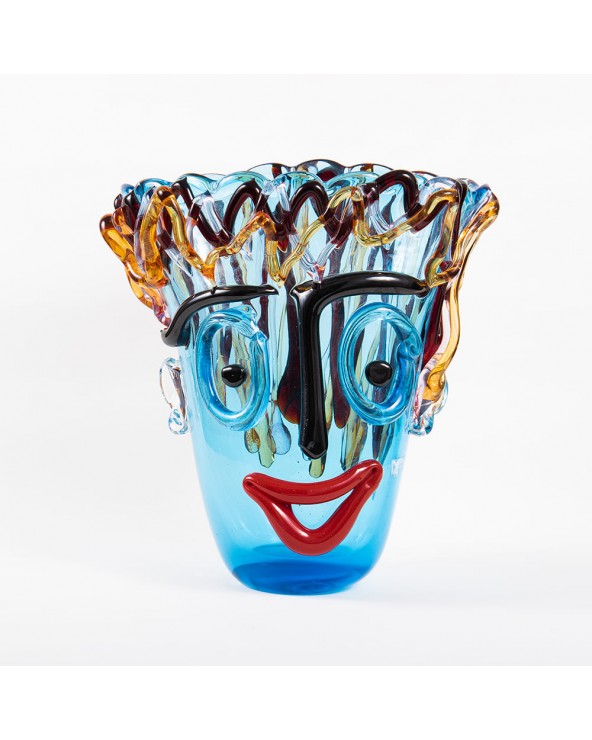 Vaso Faccia Tributo a Picasso in vetro di Murano - Celeste h.28 cm