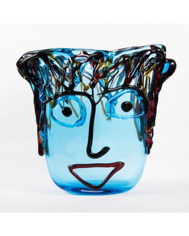 Vaso Faccia Tributo a Picasso in vetro di Murano - Celeste h.33 cm