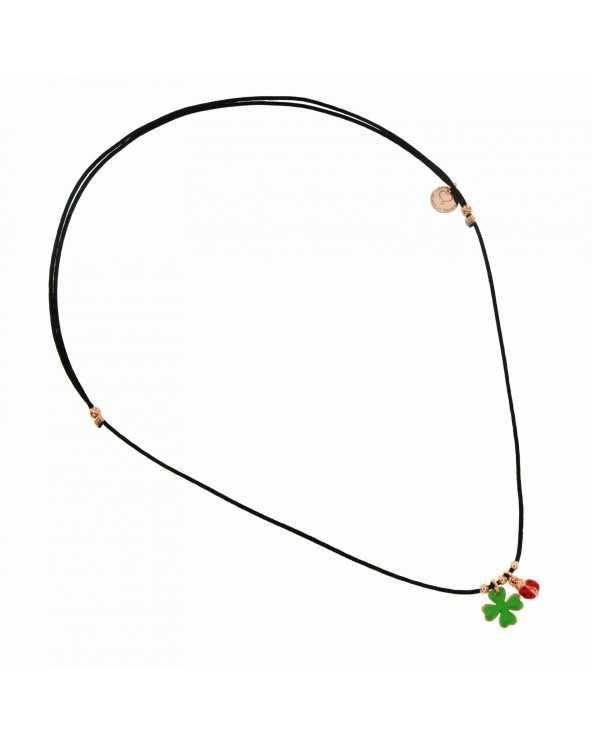 Black thread necklace with ladybug and green four-leaf clover