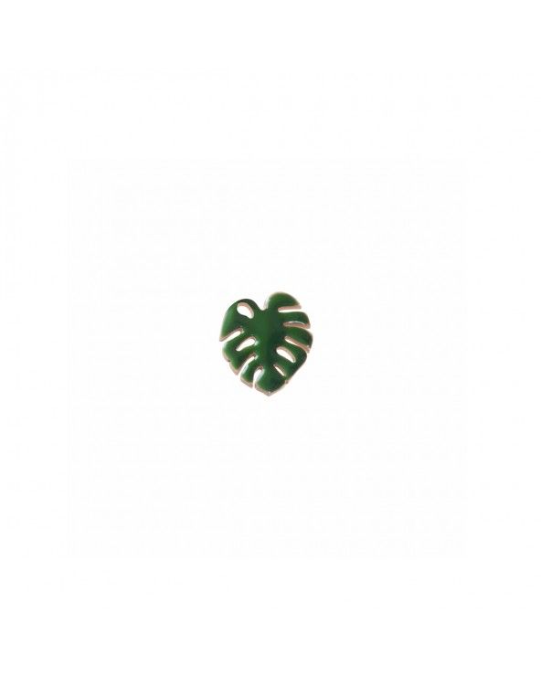 Single stud earring with green enameled monstera leaf.